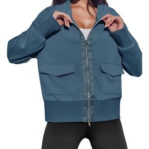 Women's‎ Zip up Sweatshirt Collared Neck Long Sleeve Jacket with Pockets Sz M